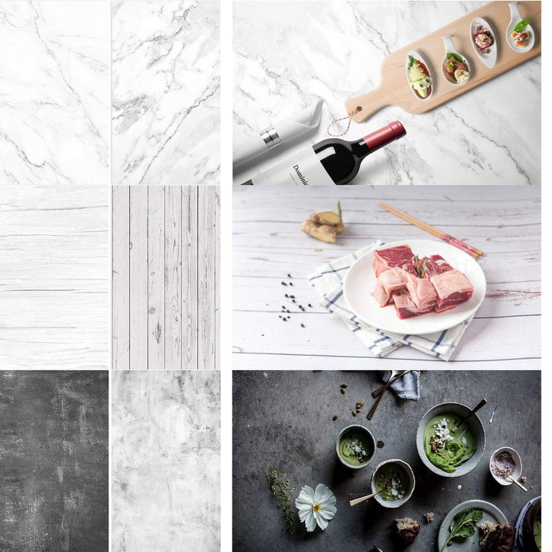 Meking 3pcs 34inx22in Photo Backdrops, Double Sided Marble Wood Cement Texture 2 in 1 Background Paper Photography Props for Flat Lay, Food Tabletop Product Fashion Ins Style Blog Photo Shooting - Image 1